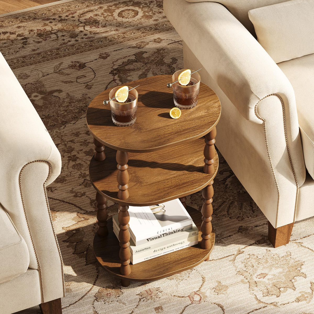 3-Tier Oval Wood Side Table with Storage Shelf B825336