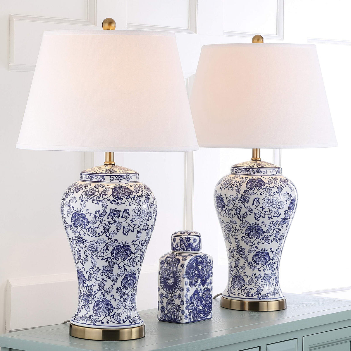 White Blue Ceramic Led Table Lamp Set of 2 J311221